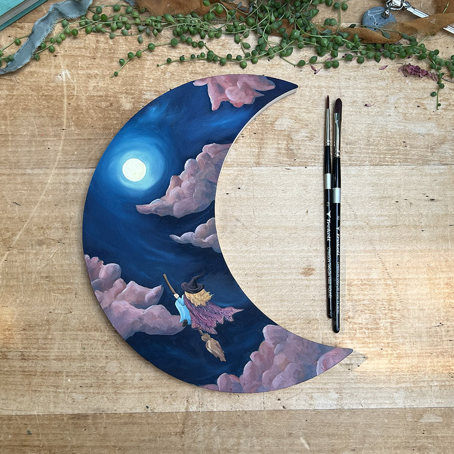 Panel de luna creciente de Trekell - Lienzo de Halloween con pintura de madera