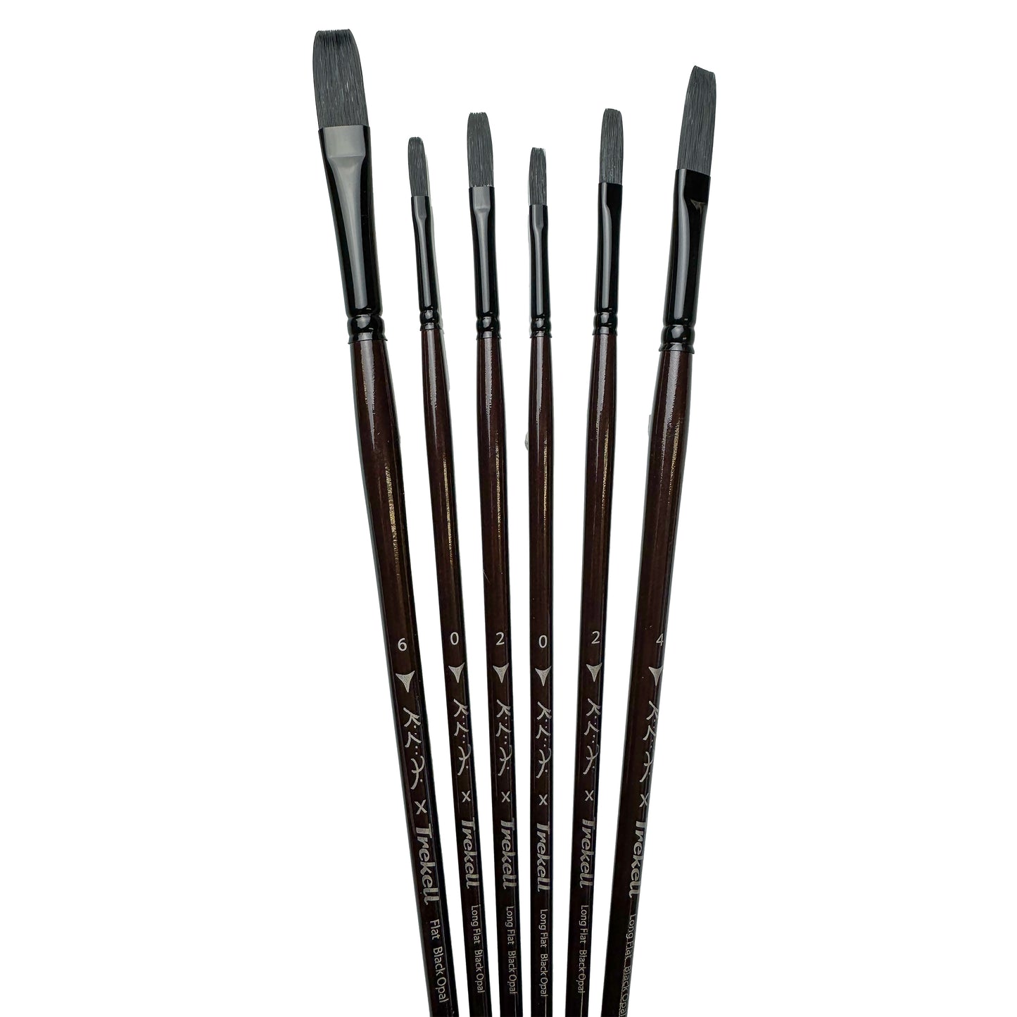 Limited edition Kai Lun Qu x Trekell Black Opal set with six signature long flat brushes for bold strokes and precise edges in alla prima oil painting.