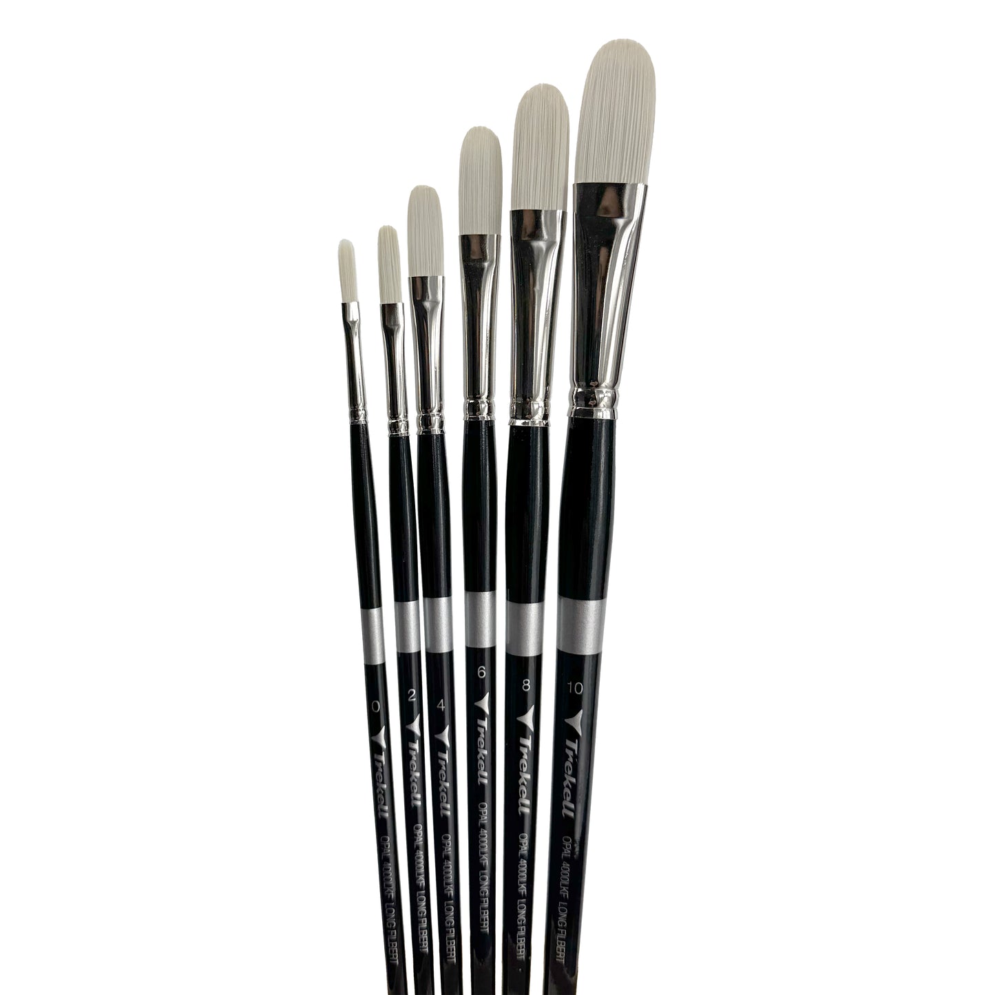 Trekell Opal Synthetic Hog Bristle Long Handle Complete Long Filbert Brush Set is ideal for watercolor, oil, and acrylic painting.