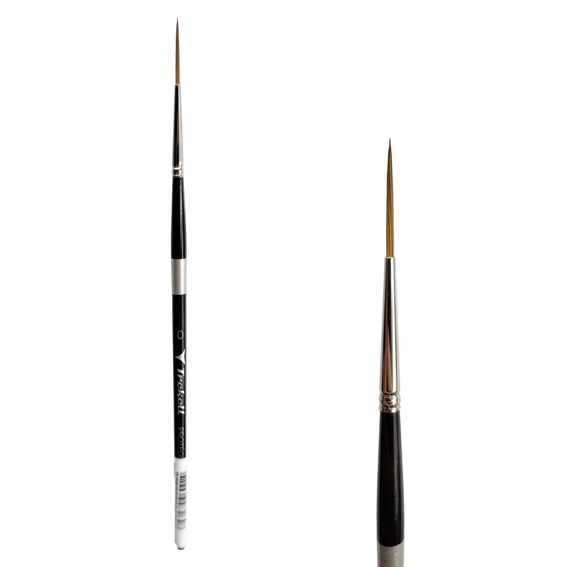 Trekell Protégé Synthetic Kolinsky Short Handle Artist Brush, size #0 Script/Rigger, works exceptionally well with acrylic, watercolor, and oil paint.
