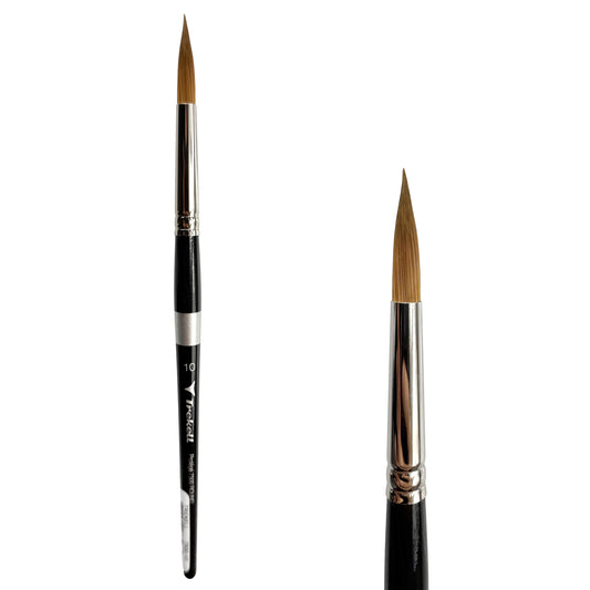 Trekell Protégé Synthetic Kolinsky Short Handle Artist Brush, size #10 Round, works exceptionally well with acrylic, watercolor, and oil paint.