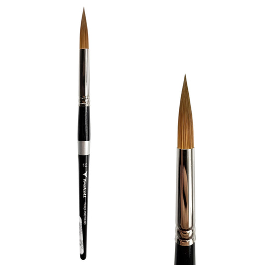 Trekell Protégé Synthetic Kolinsky Short Handle Artist Brush, size #12 Round, works exceptionally well with acrylic, watercolor, and oil paint.