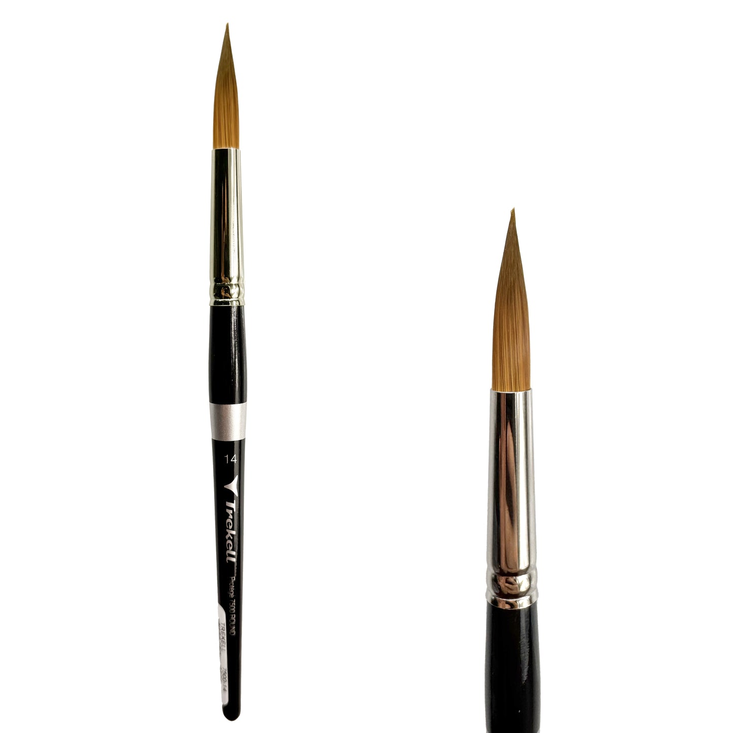 Trekell Protégé Synthetic Kolinsky Short Handle Artist Brush, size #14 Round, works exceptionally well with acrylic, watercolor, and oil paint.