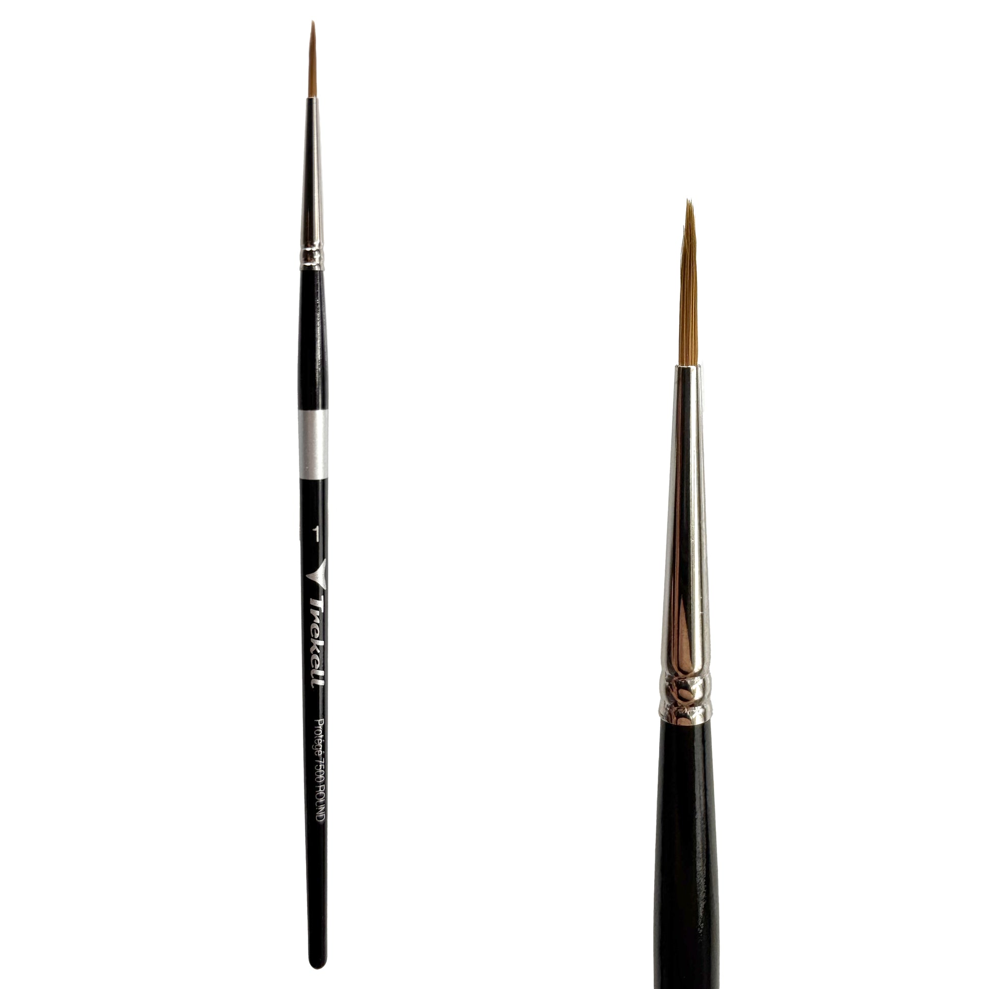 Trekell Protégé Synthetic Kolinsky Short Handle Artist Brush, size #1 Round, works exceptionally well with acrylic, watercolor, and oil paint.