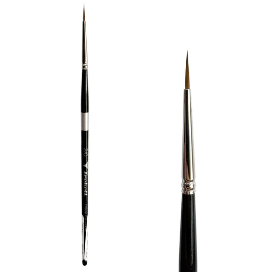 Trekell Protégé Synthetic Kolinsky Short Handle Artist Brush, size #2/0 Round, works exceptionally well with acrylic, watercolor, and oil paint.