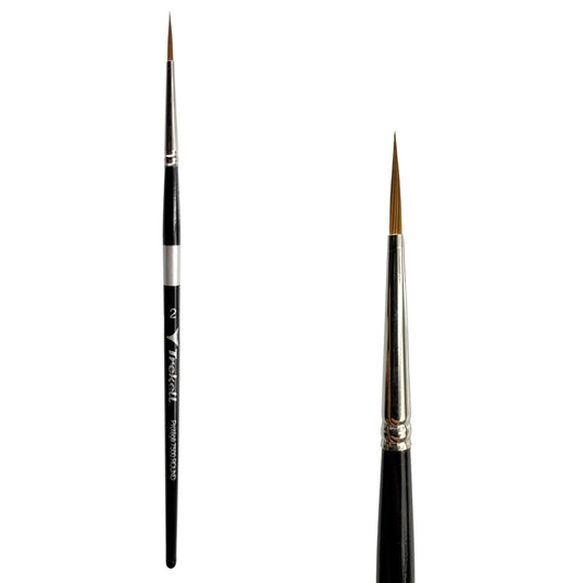 Trekell Protégé Synthetic Kolinsky Short Handle Artist Brush, size #2 Round, works exceptionally well with acrylic, watercolor, and oil paint.