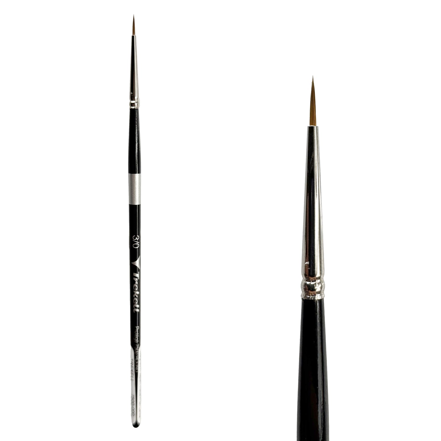 Trekell Protégé Synthetic Kolinsky Short Handle Artist Brush, size #3/0 Round, works exceptionally well with acrylic, watercolor, and oil paint.