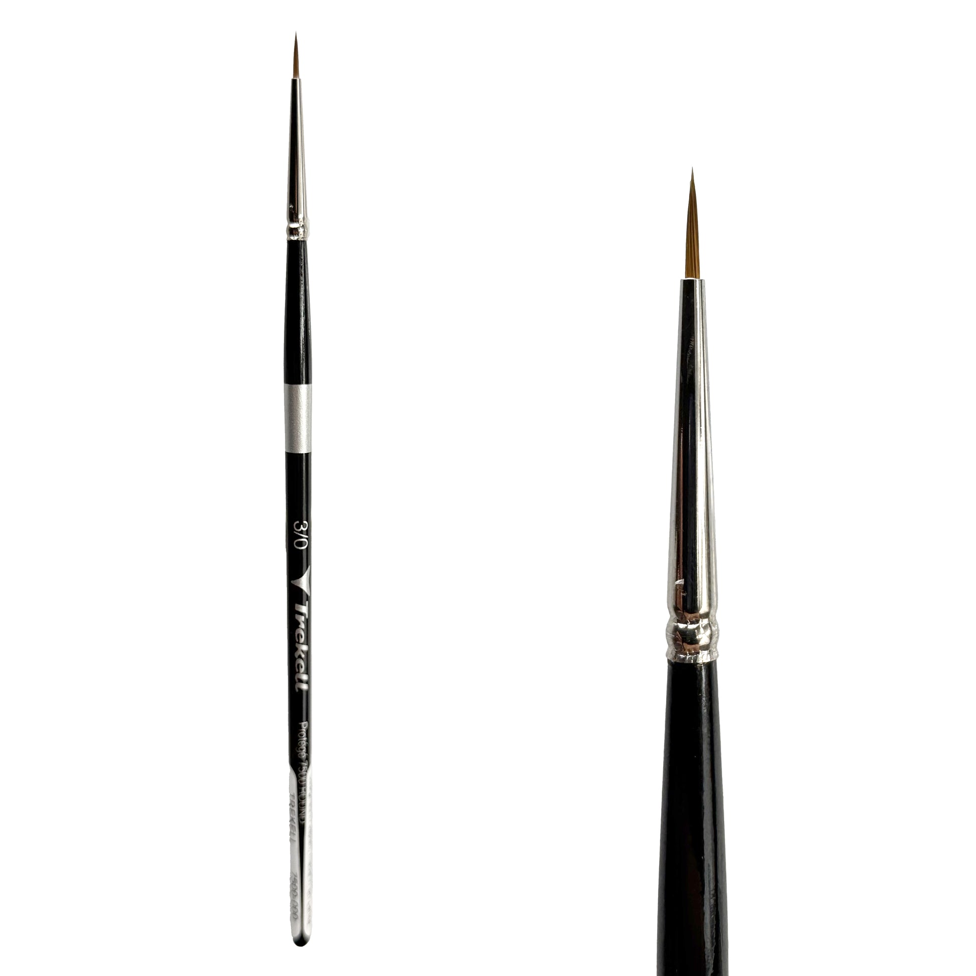 Trekell Protégé Synthetic Kolinsky Short Handle Artist Brush, size #3/0 Round, works exceptionally well with acrylic, watercolor, and oil paint.