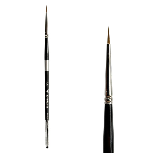 Trekell Protégé Synthetic Kolinsky Short Handle Artist Brush, size #3/0 Round, works exceptionally well with acrylic, watercolor, and oil paint.