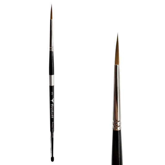 Trekell Protégé Synthetic Kolinsky Short Handle Artist Brush, size #3 Round, works exceptionally well with acrylic, watercolor, and oil paint.