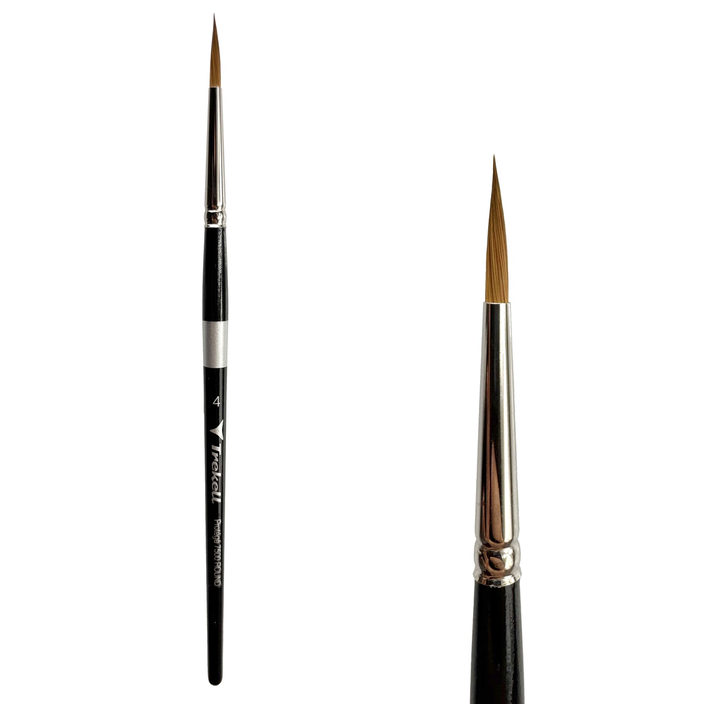 Trekell Protégé Synthetic Kolinsky Short Handle Artist Brush, size #4 Round, works exceptionally well with acrylic, watercolor, and oil paint.