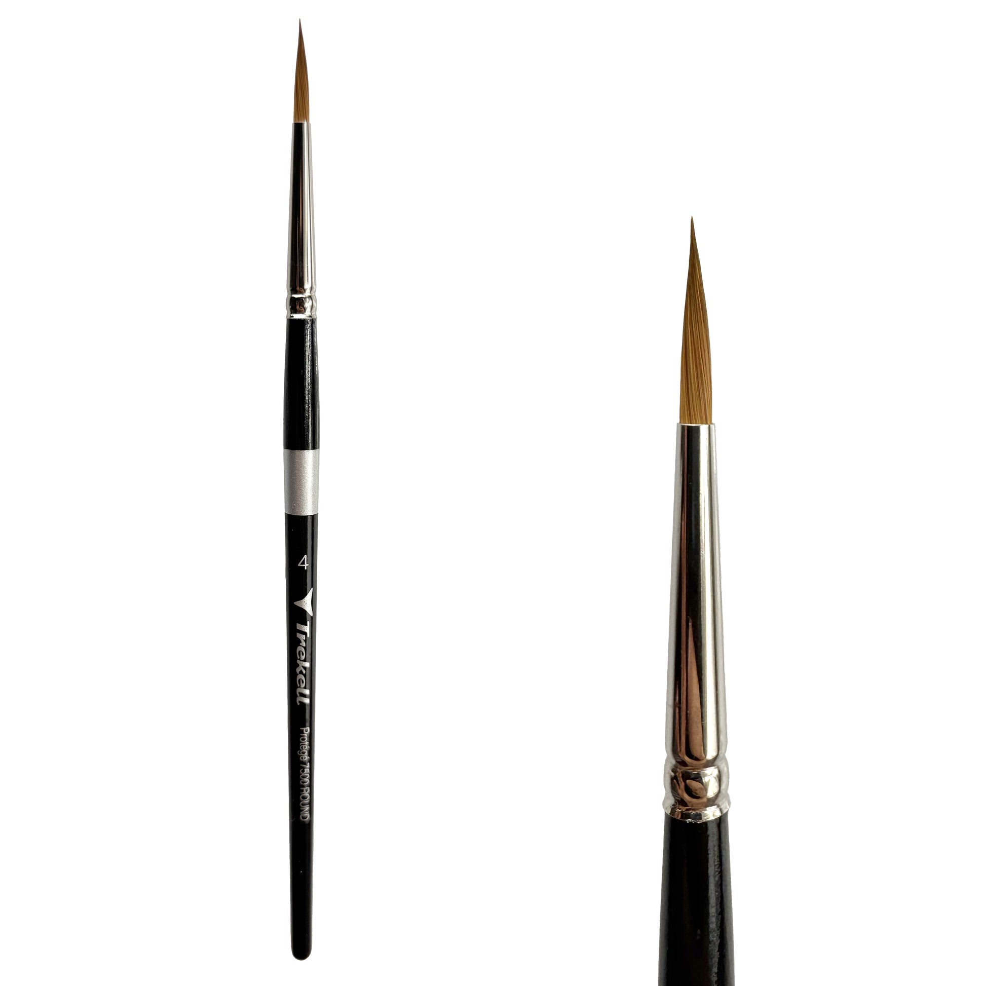 Trekell Protégé Synthetic Kolinsky Short Handle Artist Brush, size #4 Round, works exceptionally well with acrylic, watercolor, and oil paint.