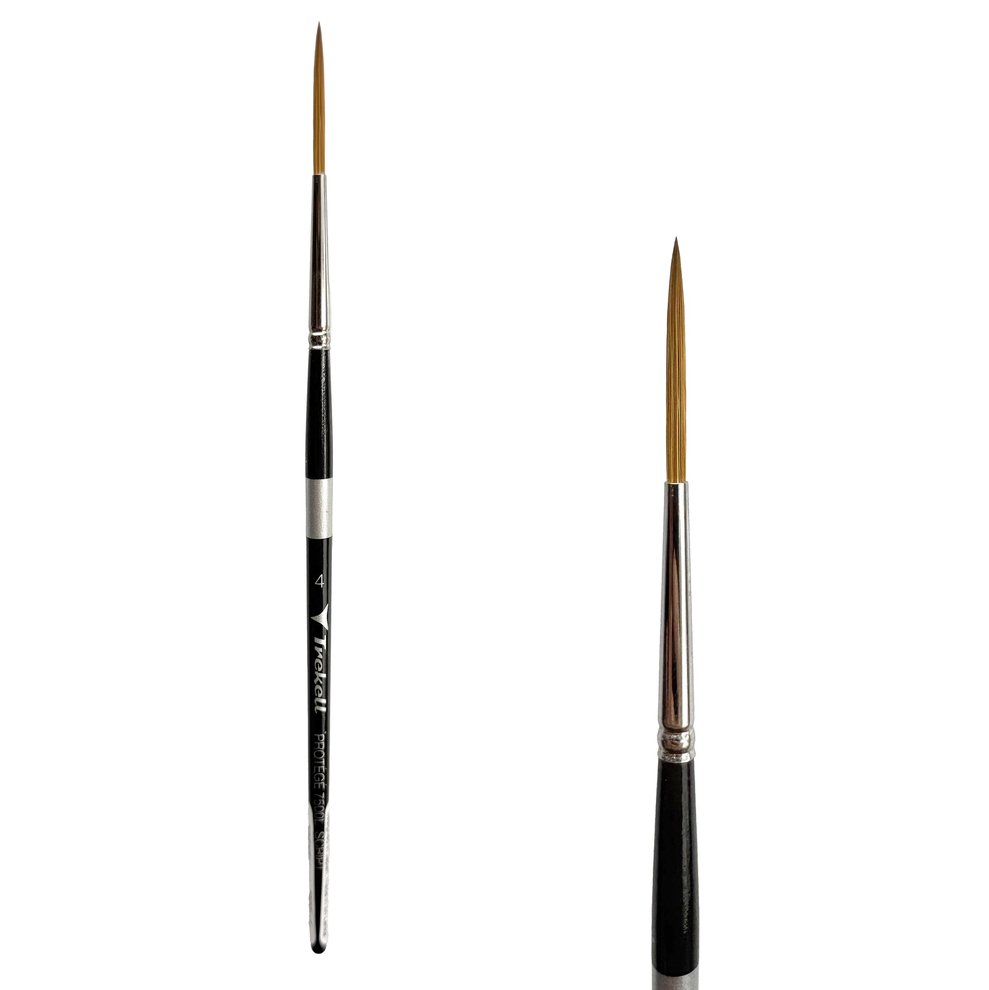Trekell Protégé Synthetic Kolinsky Short Handle Artist Brush, size #4 Script/Rigger, works exceptionally well with acrylic, watercolor, and oil paint.