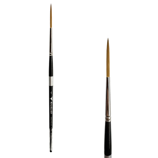 Trekell Protégé Synthetic Kolinsky Short Handle Artist Brush, size #4 Script/Rigger, works exceptionally well with acrylic, watercolor, and oil paint.