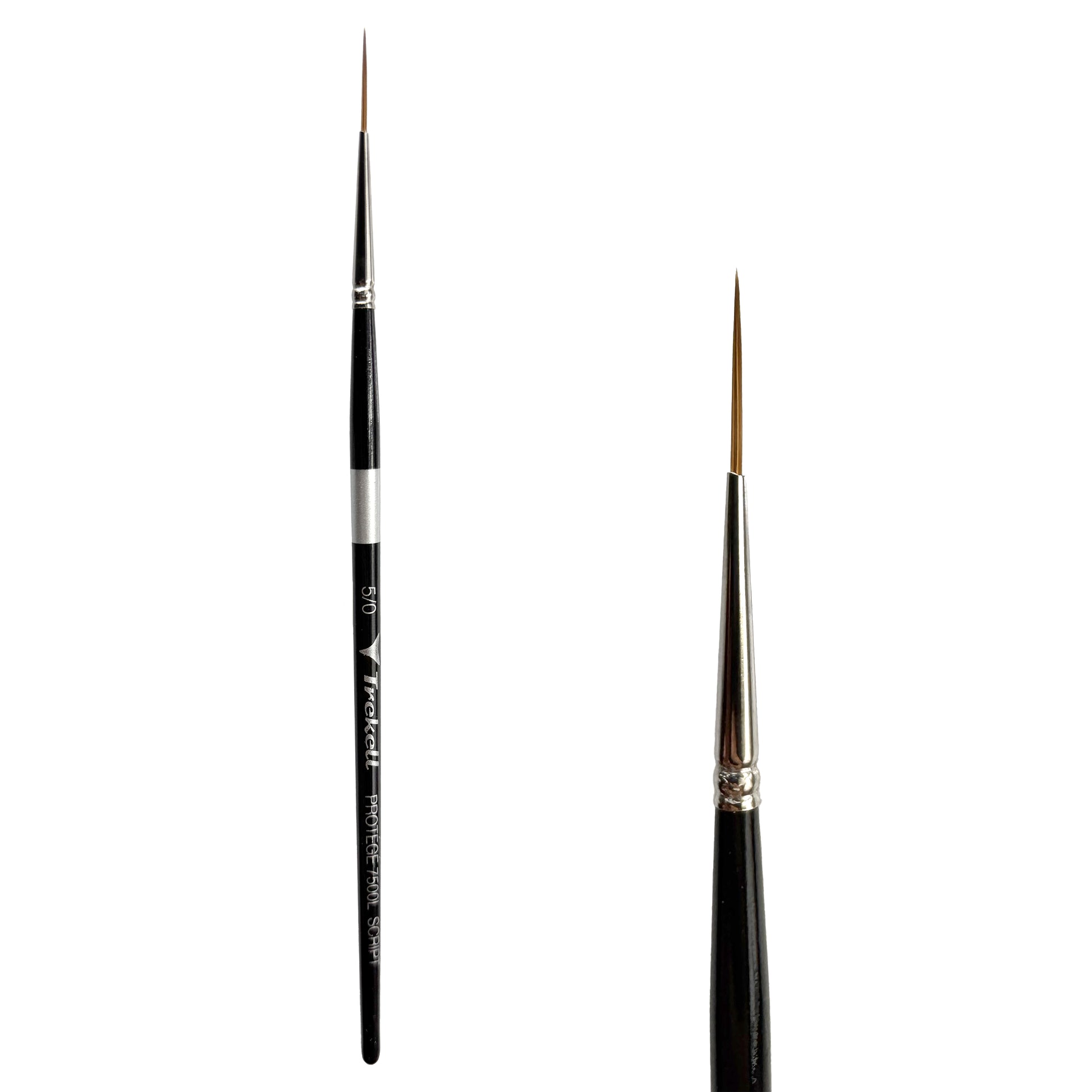 Trekell Protégé Synthetic Kolinsky Short Handle Artist Brush, size #5/0 Script/Rigger, works exceptionally well with acrylic, watercolor, and oil paint.