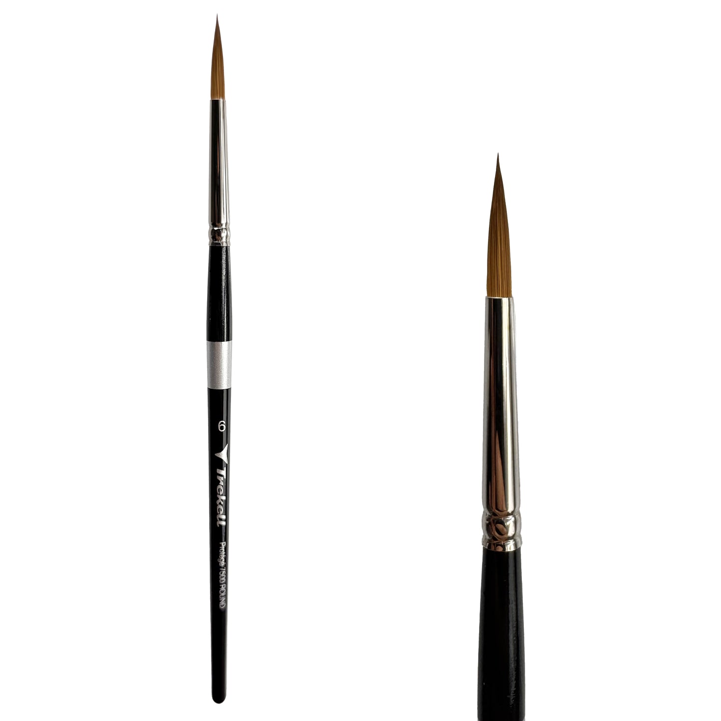 Trekell Protégé Synthetic Kolinsky Short Handle Artist Brush, size #6 Round, works exceptionally well with acrylic, watercolor, and oil paint.