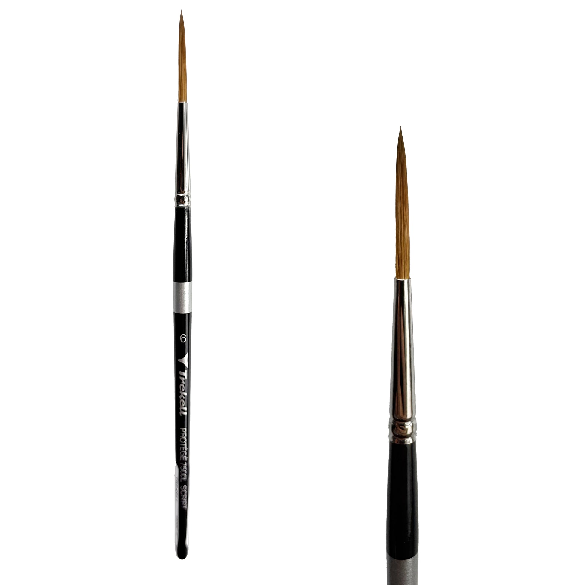 Trekell Protégé Synthetic Kolinsky Short Handle Artist Brush, size #6 Script/Rigger, works exceptionally well with acrylic, watercolor, and oil paint.