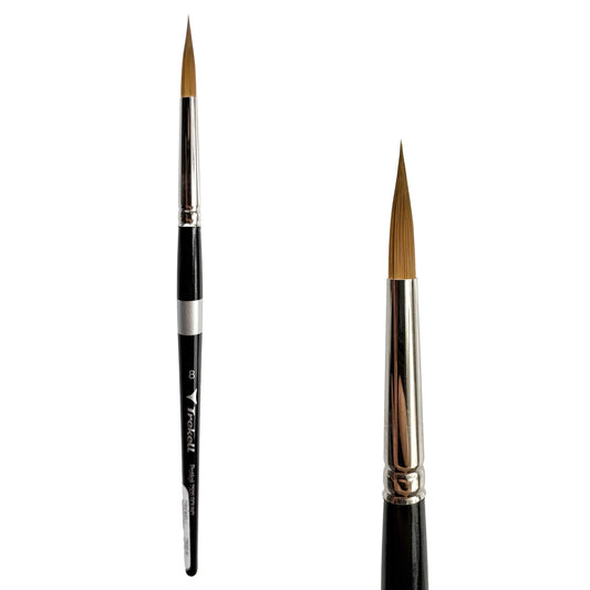 Trekell Protégé Synthetic Kolinsky Short Handle Artist Brush, size #8 Round, works exceptionally well with acrylic, watercolor, and oil paint.