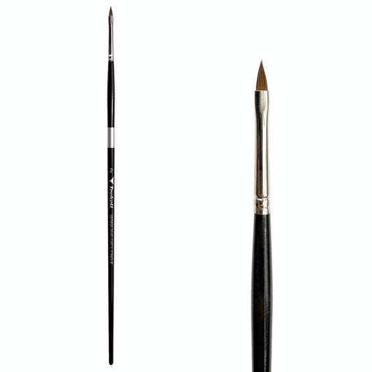 Trekell Sienna Synthetic Red Sable Long Handle Artist Brush, size #2 Cat's Tongue, is high-quality brush features synthetic red sable bristles that mimic natural sable, perfect for oil, watercolor, and acrylic painting.