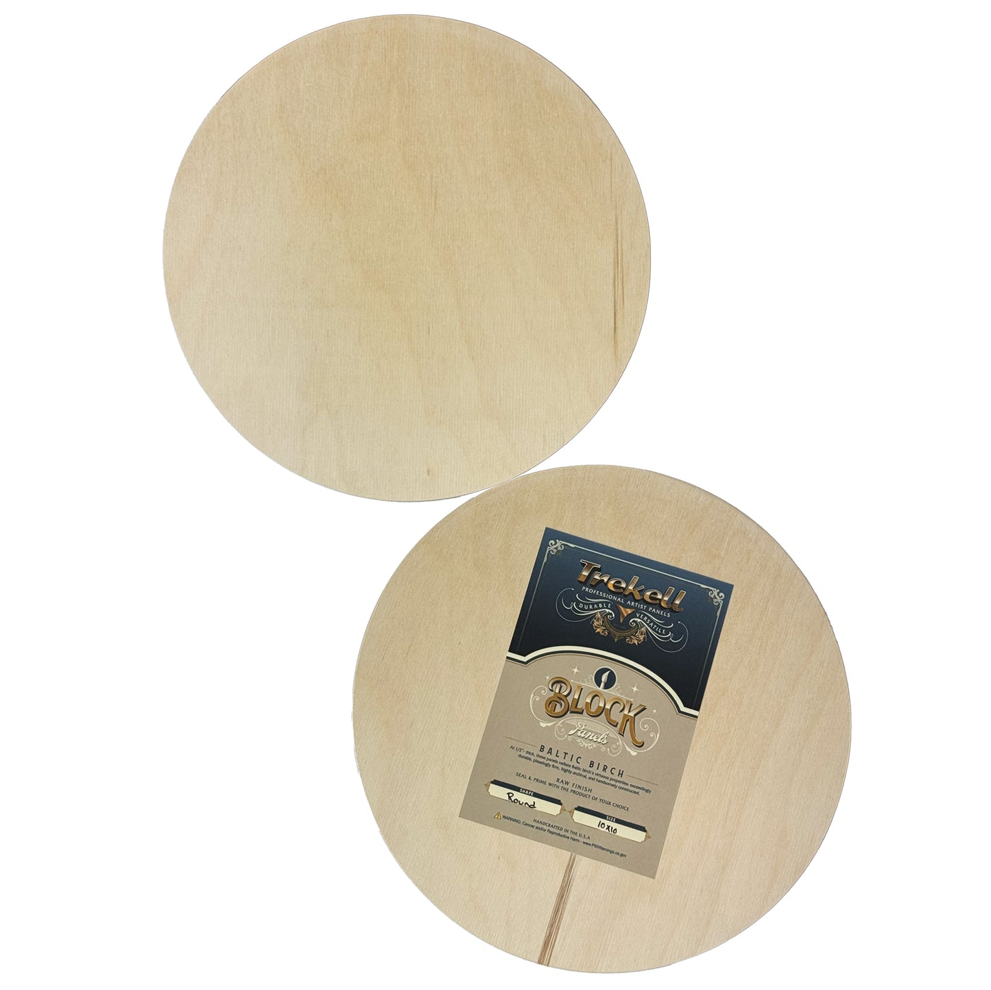 Trekell 10" round unprimed wood panel made from 1/2" Baltic birch, pre-sanded smooth surface with keyhole backing, sturdy panel ready for sealing and priming for various painting media.