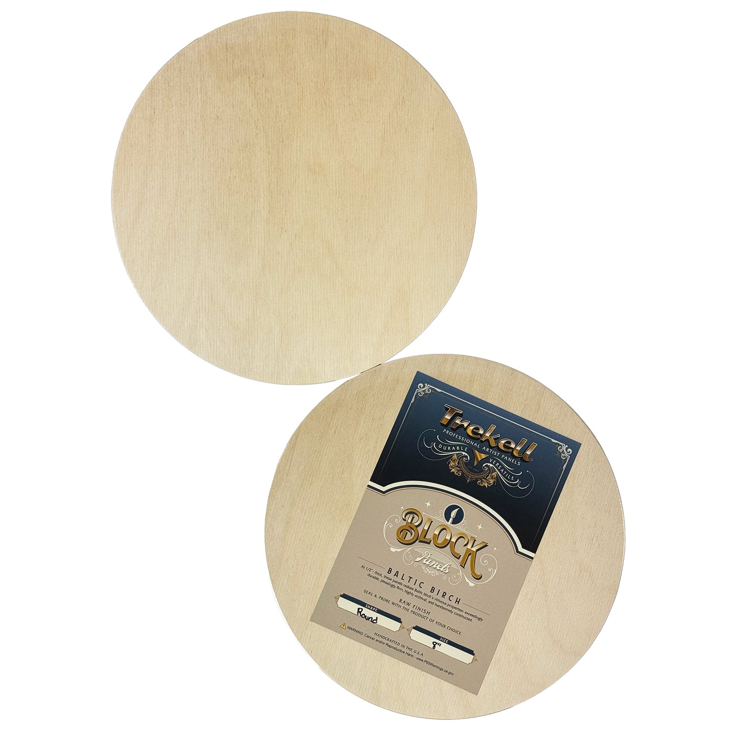 Trekell 8" round unprimed wood panel made from 1/2" Baltic birch, pre-sanded smooth surface with keyhole backing, sturdy panel ready for sealing and priming for various painting media.