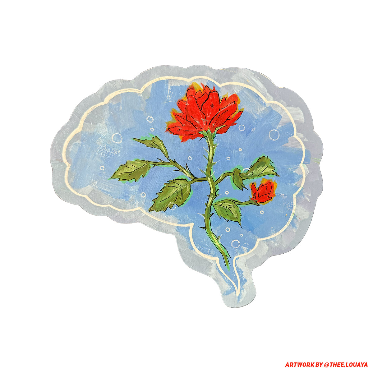 a painting of a brain with a red flower inside of it