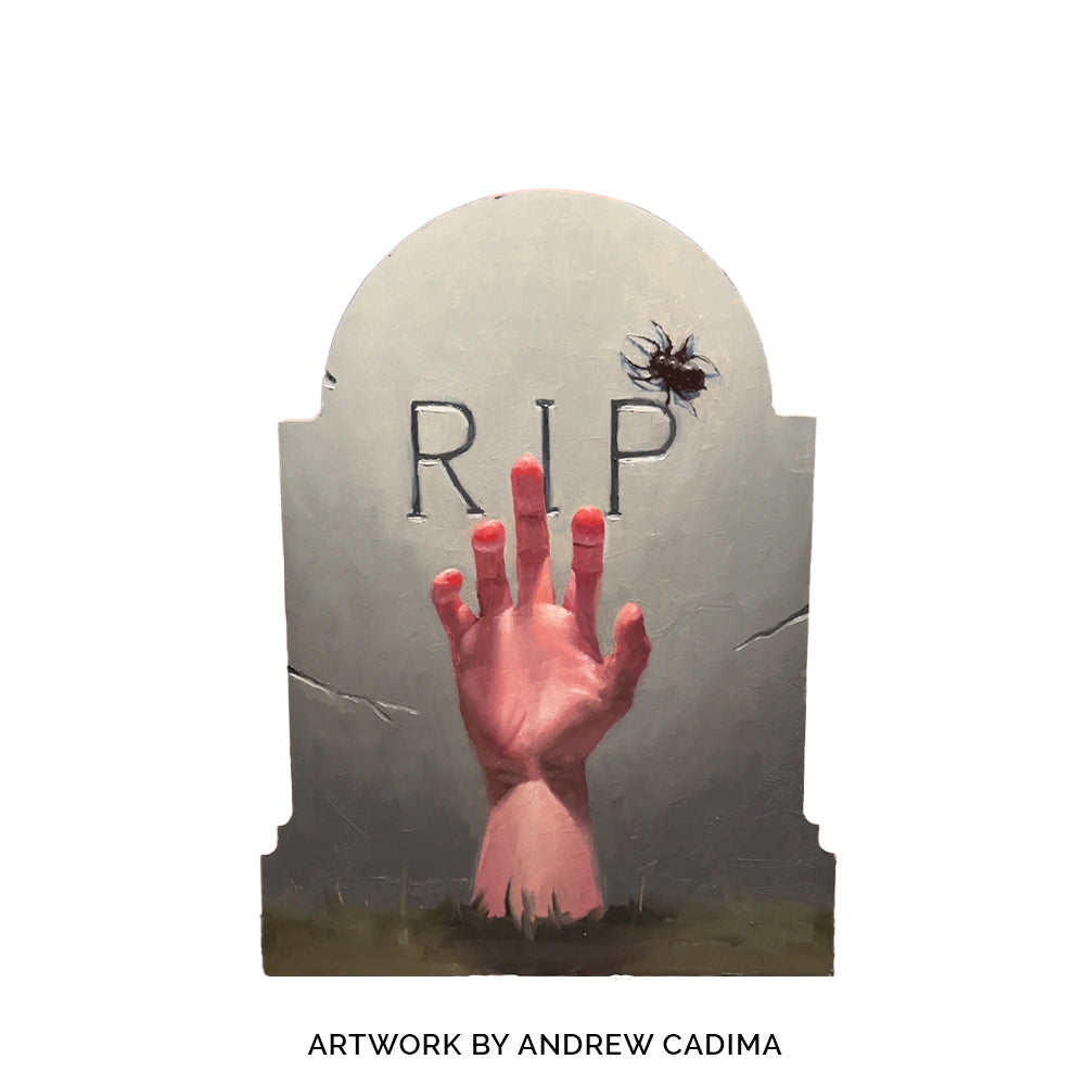 a painting of a hand reaching out from a gravestone that says RIP