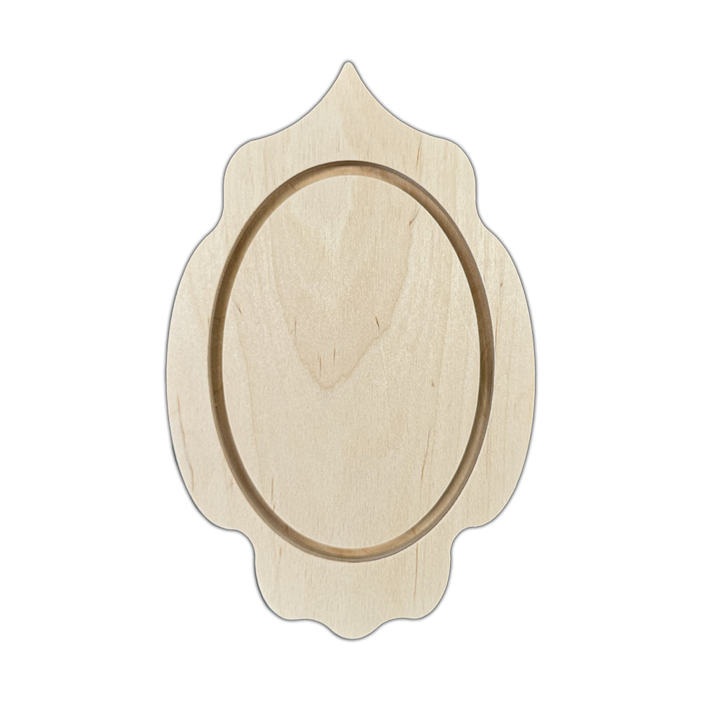 a wood canvas with a brown oval shaped border