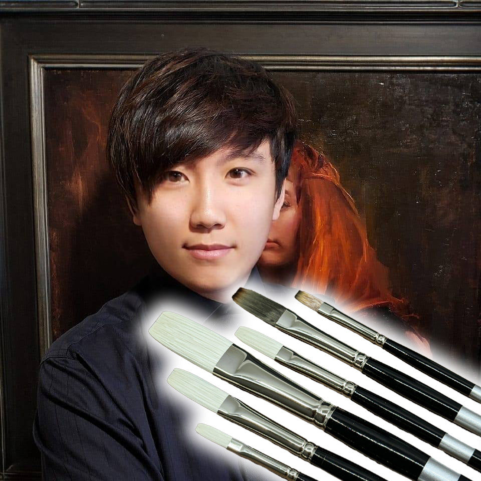 a person behind a set of paintbrushes with white tips