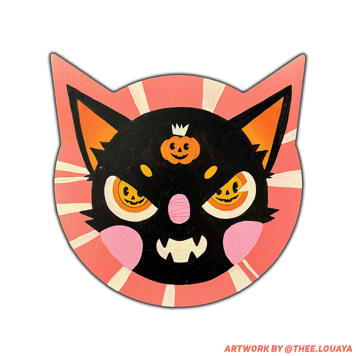 a painting of a black cat with a pumpkin on its head