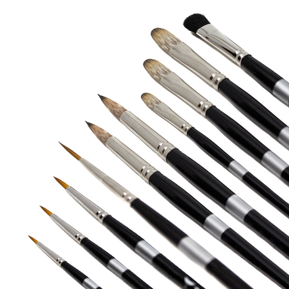 Tony Curanaj 9 Piece Artist Brush Set for oil and acrylic paint Trekell Art Supplies synthetic vegan friendly long handles short handles