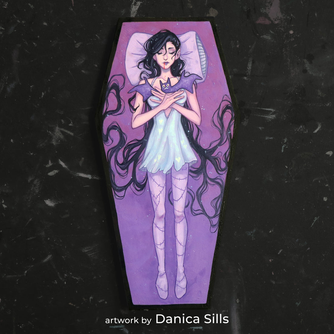 Purple coffin panel painted with a pale woman in a layered dress.