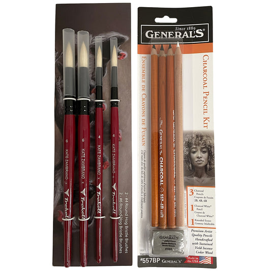 Kate Zambrano Essential Charcoal Kit – Trekell Hog Bristle Brushes + General’s Charcoal Pencils