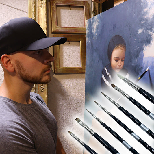 Eric Johnson 7 Piece Trekell Brush Set for Oil Painting with high-quality synthetic brushes for versatile oil and acrylic techniques.