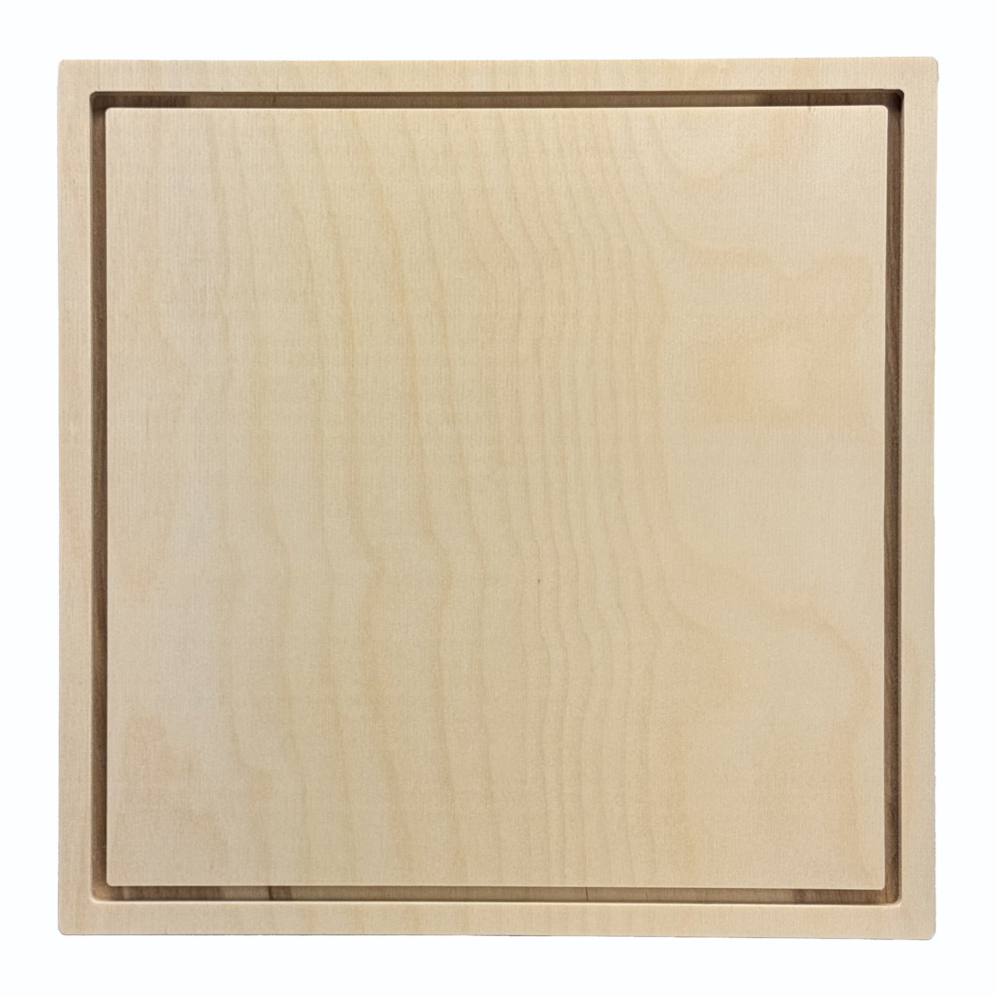 Trekell 12" x 12" square floater wood panel made from 1/2" Baltic birch with 1/4" routed gap and 1/2" frame edge, pre-sanded smooth surface with keyhole backing, ready for sealing and priming for various painting media.