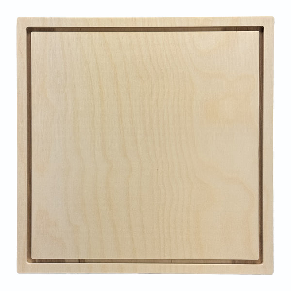 Trekell 12" x 12" square floater wood panel made from 1/2" Baltic birch with 1/4" routed gap and 1/2" frame edge, pre-sanded smooth surface with keyhole backing, ready for sealing and priming for various painting media.