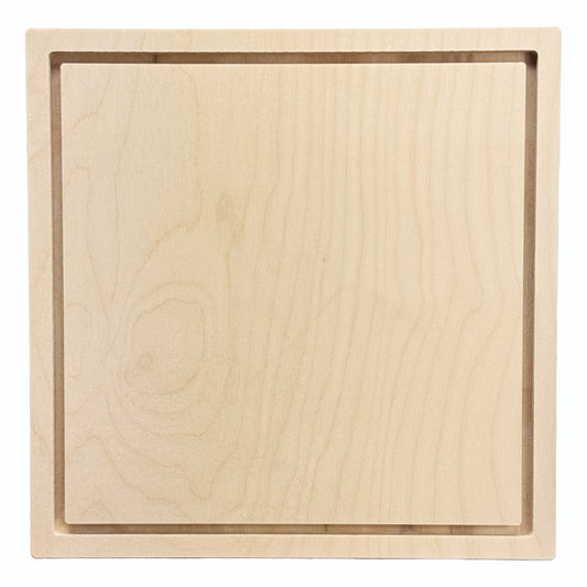 Trekell 10" x 10" square floater wood panel made from 1/2" Baltic birch with 1/4" routed gap and 1/2" frame edge, pre-sanded smooth surface with keyhole backing, ready for sealing and priming for various painting media.
