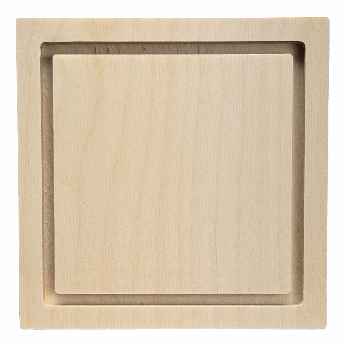 Trekell 5" × 5" square floater wood panel made from 1/2" Baltic birch with 1/4" routed gap and 1/2" frame edge, pre-sanded smooth surface with keyhole backing, ready for sealing and priming for various painting media.