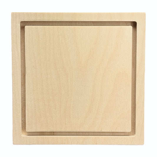 Trekell 6"x 6" square floater wood panel made from 1/2" Baltic birch with 1/4" routed gap and 1/2" frame edge, pre-sanded smooth surface with keyhole backing, ready for sealing and priming for various painting media.