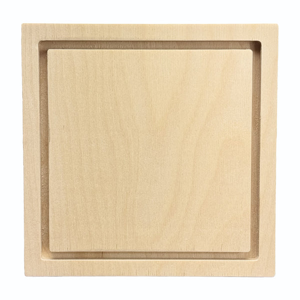 Trekell 6"x 6" square floater wood panel made from 1/2" Baltic birch with 1/4" routed gap and 1/2" frame edge, pre-sanded smooth surface with keyhole backing, ready for sealing and priming for various painting media.
