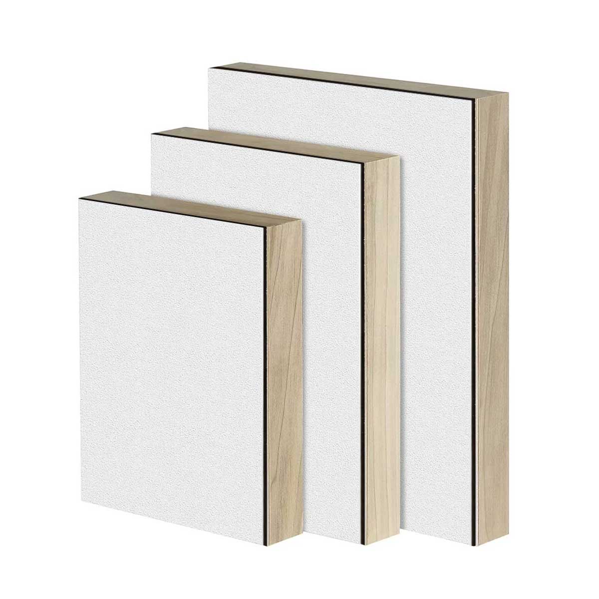 Trekell 16" × 20" gesso-primed hardboard panel with 1 5/8" gallery-profile basswood cradle, lightly textured, sealed with Golden GAC 100, suitable for oil and acrylic painting, made in the USA.