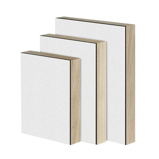 Trekell 9" x 12" gesso-primed hardboard panel with 1 5/8" gallery-profile basswood cradle, lightly textured, sealed with Golden GAC 100, suitable for oil and acrylic painting, made in the USA.