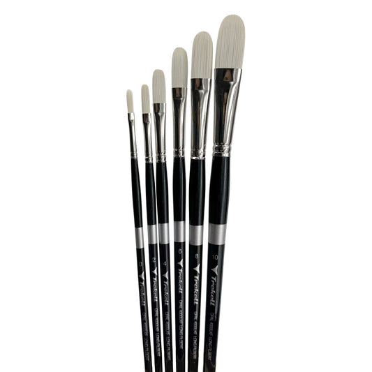 Trekell Opal Synthetic Hog Bristle Long Handle Complete Long Filbert Brush Set is ideal for watercolor, oil, and acrylic painting.