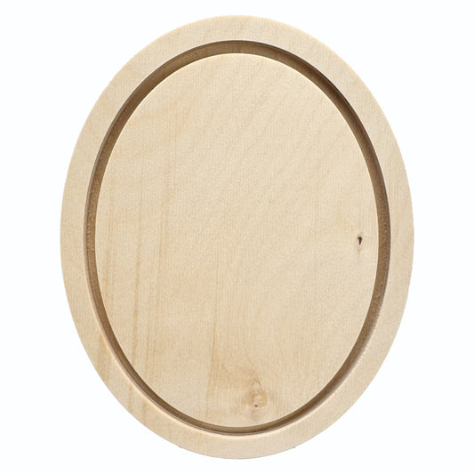 Trekell 6" × 8" oval floater wood panel made from 1/2" Baltic birch with 1/4" routed gap and 1/2" frame edge, pre-sanded smooth surface with keyhole backing, ready for sealing and priming for multiple painting media.
