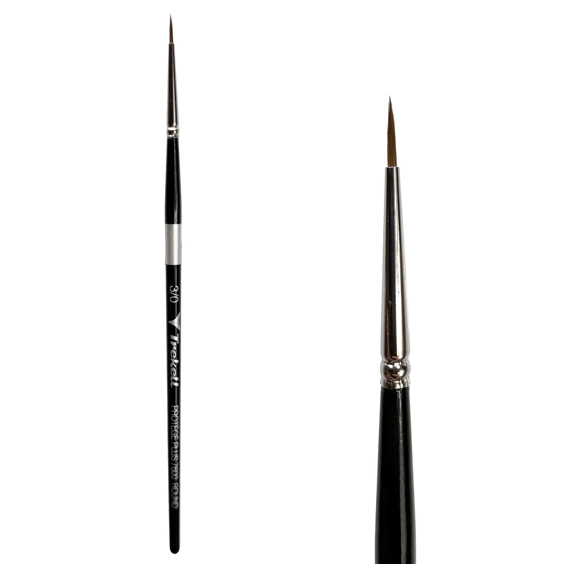 Trekell Protégé Plus Synthetic Kolinsky Short Handle Artist Brush, size #3/0 Round, works exceptionally well with acrylic, watercolor, and oil paint.