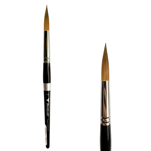 Trekell Protégé Synthetic Kolinsky Short Handle Artist Brush, size #14 Round, works exceptionally well with acrylic, watercolor, and oil paint.
