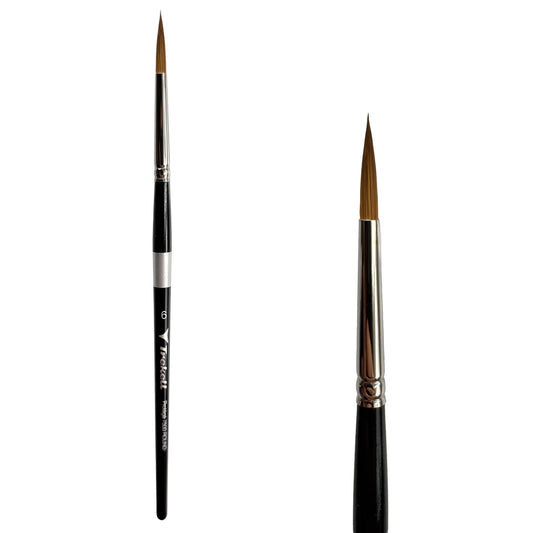 Trekell Protégé Synthetic Kolinsky Short Handle Artist Brush, size #6 Round, works exceptionally well with acrylic, watercolor, and oil paint.
