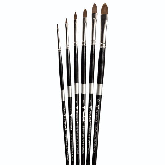 Trekell Sienna Synthetic Red Sable Long Handle Artist Brush, complete set Cat's Tongue, is high-quality brush features synthetic red sable bristles that mimic natural sable, perfect for oil, watercolor, and acrylic painting.