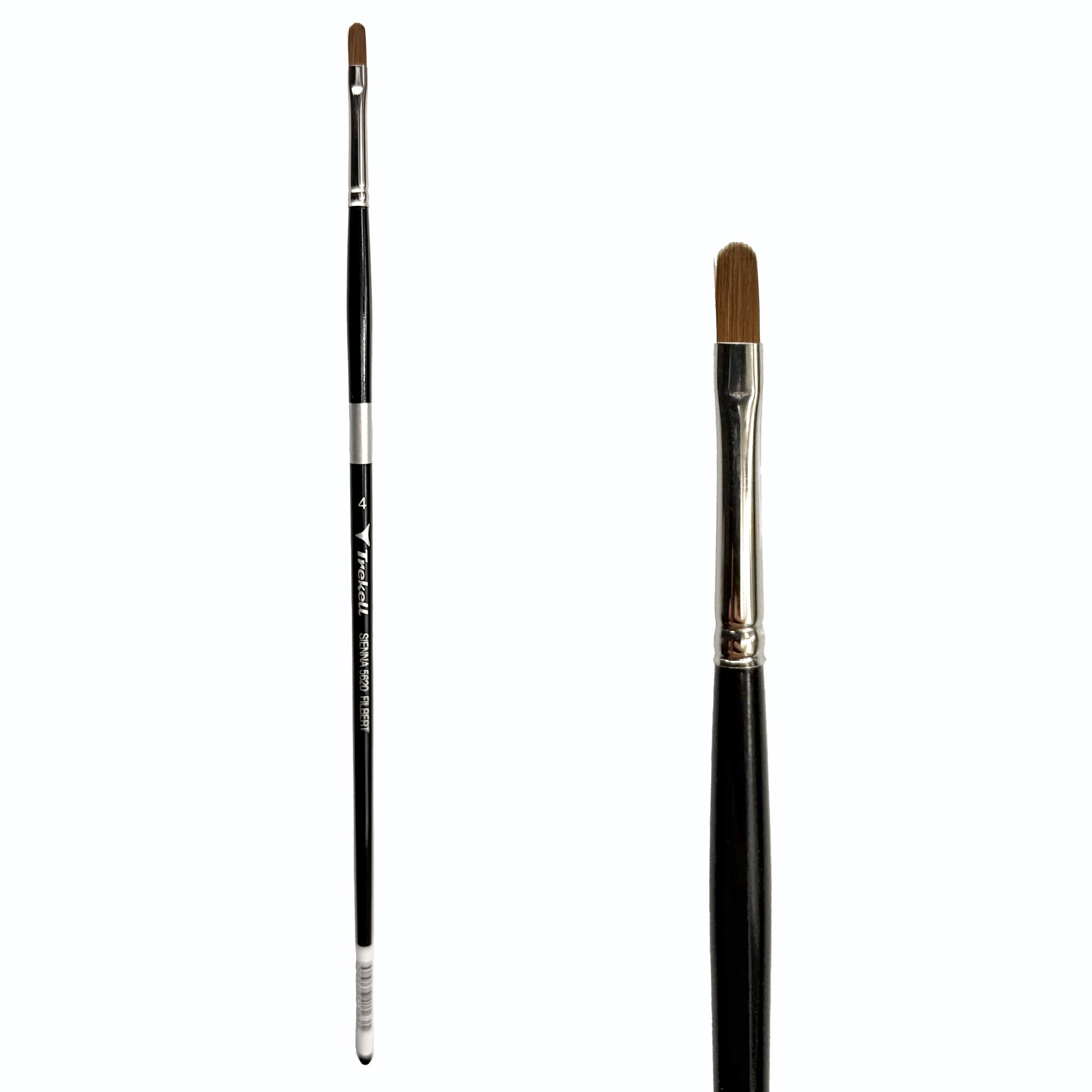 Trekell Sienna Synthetic Red Sable Long Handle Artist Brush, size #4 Filbert, is high-quality brush features synthetic red sable bristles that mimic natural sable, perfect for oil, watercolor, and acrylic painting.