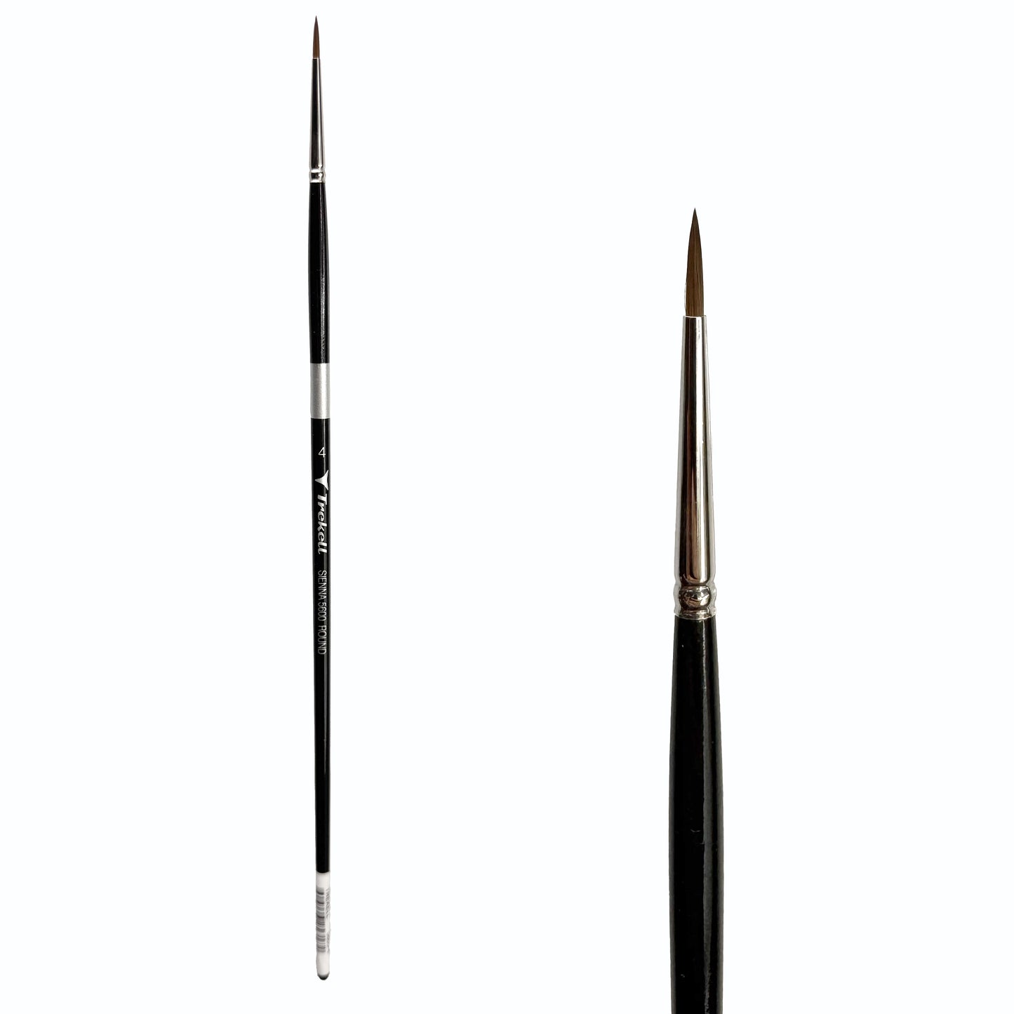 Trekell Sienna Synthetic Red Sable Long Handle Artist Brush, size #4 Round, is high-quality brush features synthetic red sable bristles that mimic natural sable, perfect for oil, watercolor, and acrylic painting.